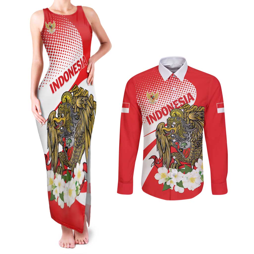 Indonesia Couples Matching Tank Maxi Dress and Long Sleeve Button Shirt Javan Hawk Eagle Melati Flower - Wonder Print Shop