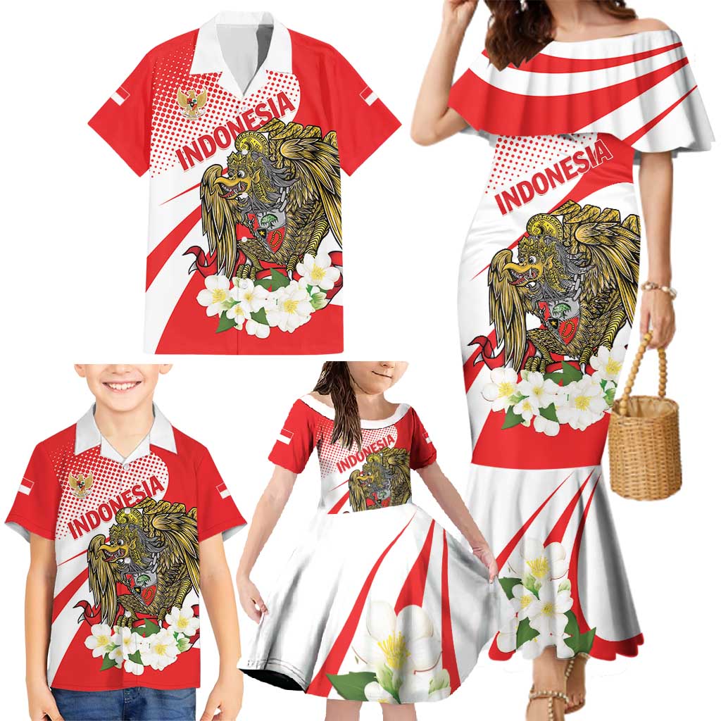 Indonesia Family Matching Mermaid Dress and Hawaiian Shirt Javan Hawk Eagle Melati Flower - Wonder Print Shop