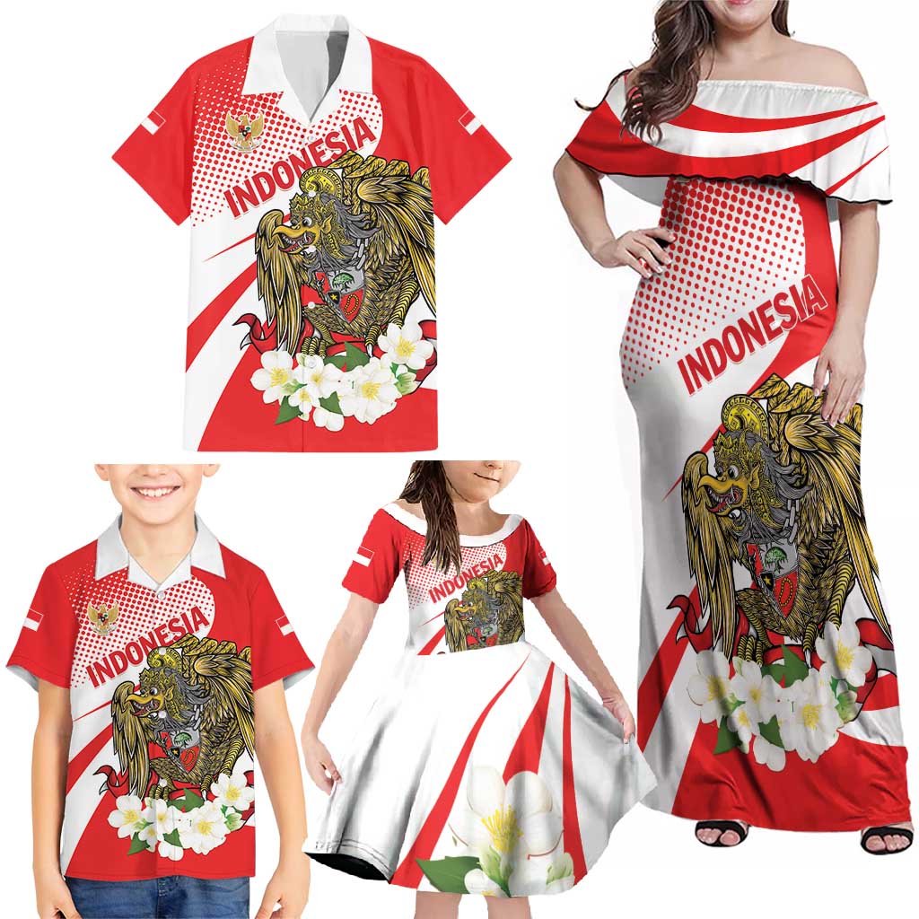 Indonesia Family Matching Off Shoulder Maxi Dress and Hawaiian Shirt Javan Hawk Eagle Melati Flower - Wonder Print Shop