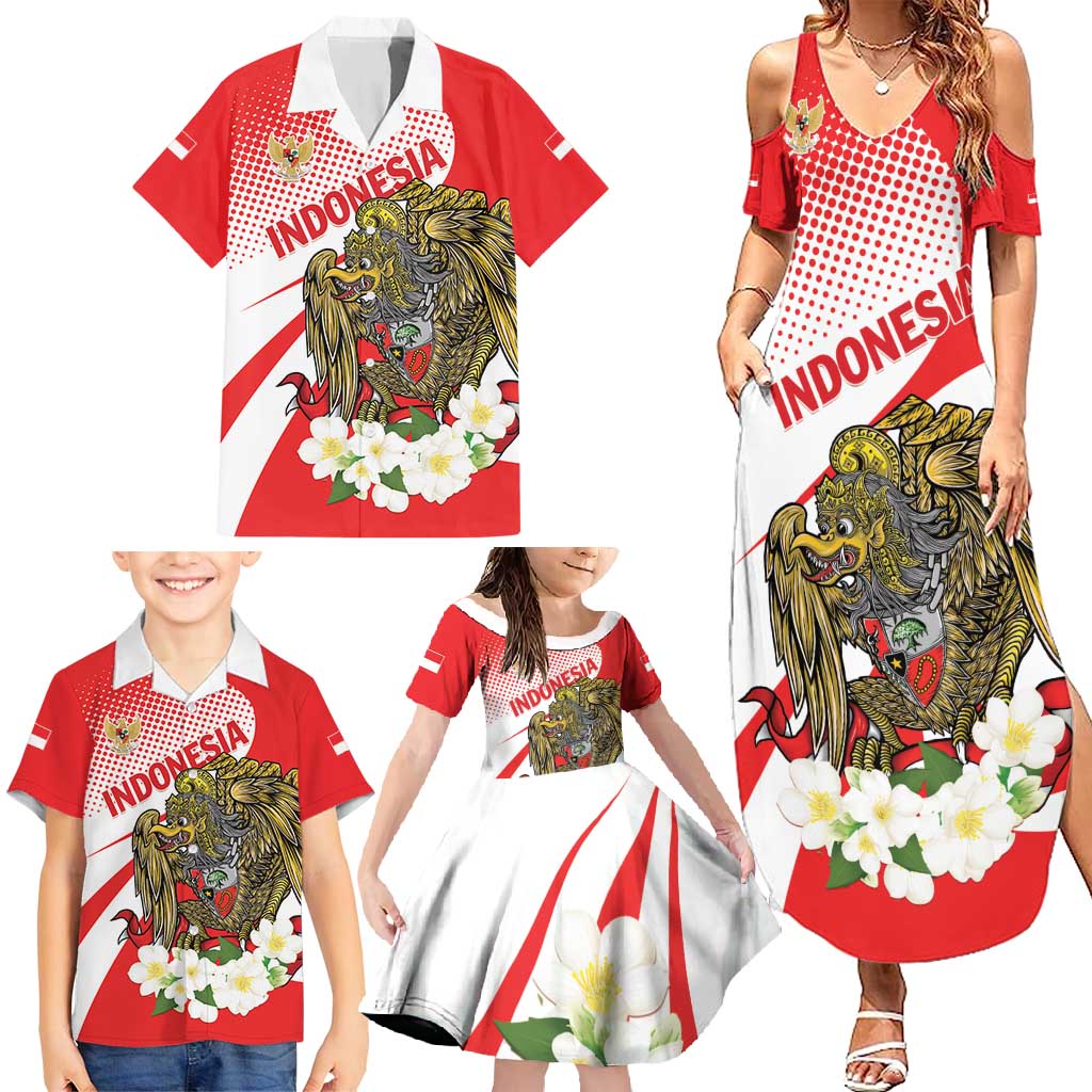 Indonesia Family Matching Summer Maxi Dress and Hawaiian Shirt Javan Hawk Eagle Melati Flower - Wonder Print Shop