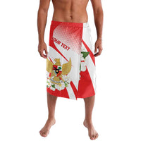 Red-and-white sarong skirt with elastic waistband, crest and floral eagle print
