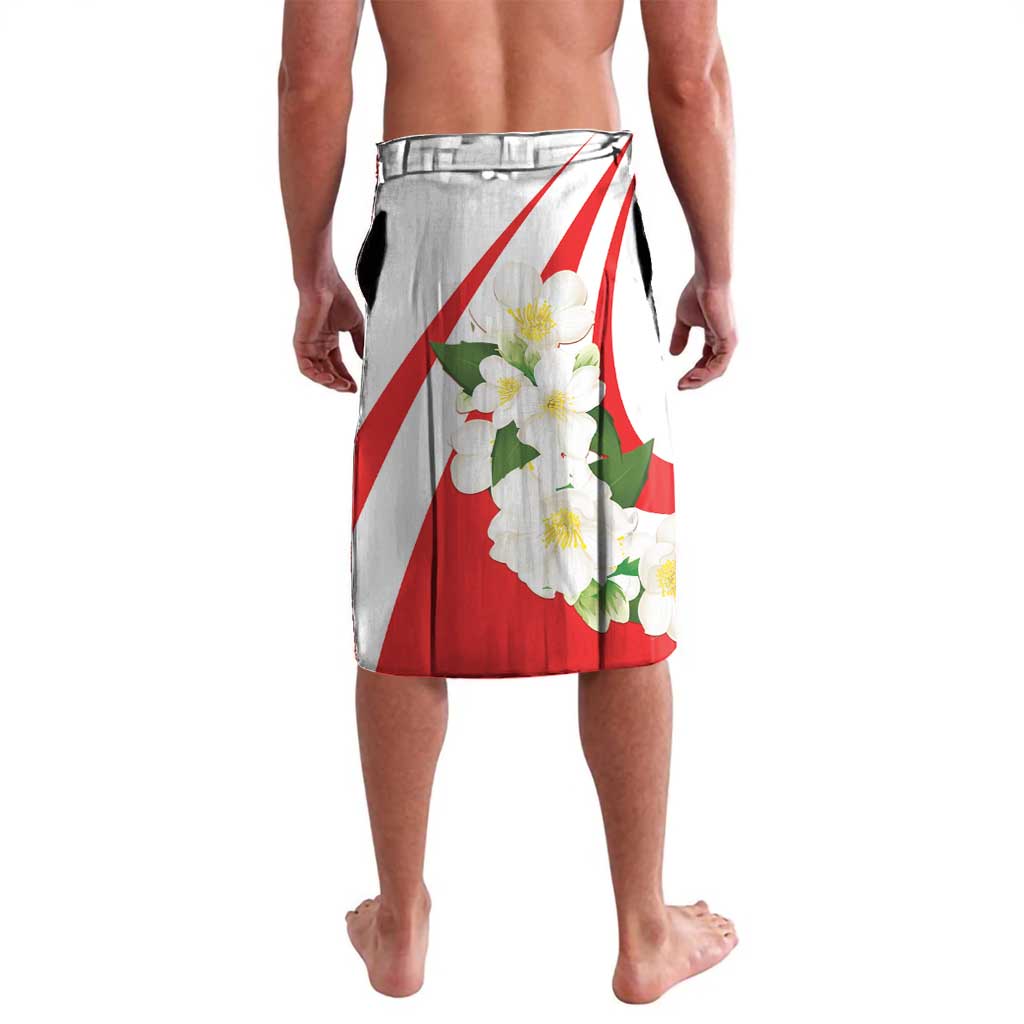Red-and-white sarong skirt with elastic waistband and floral eagle print