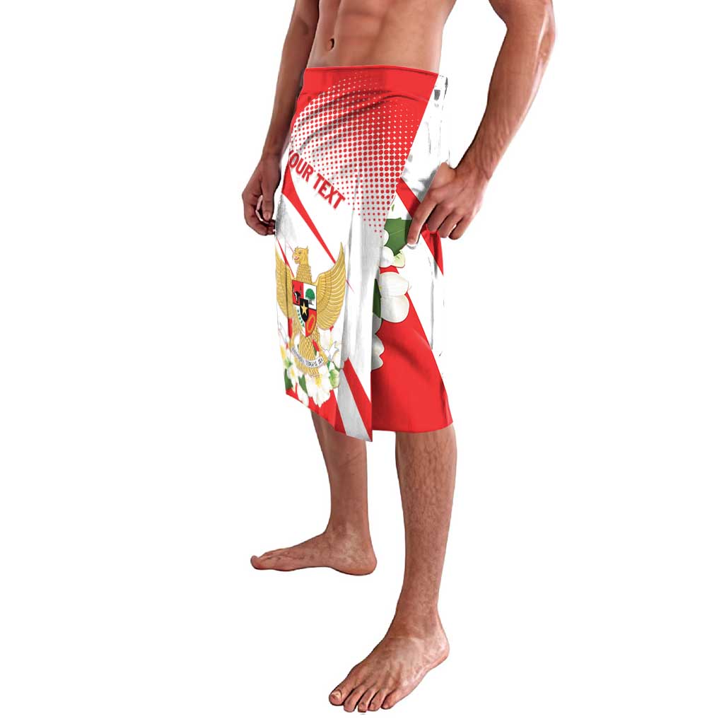 Red-and-white sarong skirt with draped panels, elastic waistband, eagle and flowers