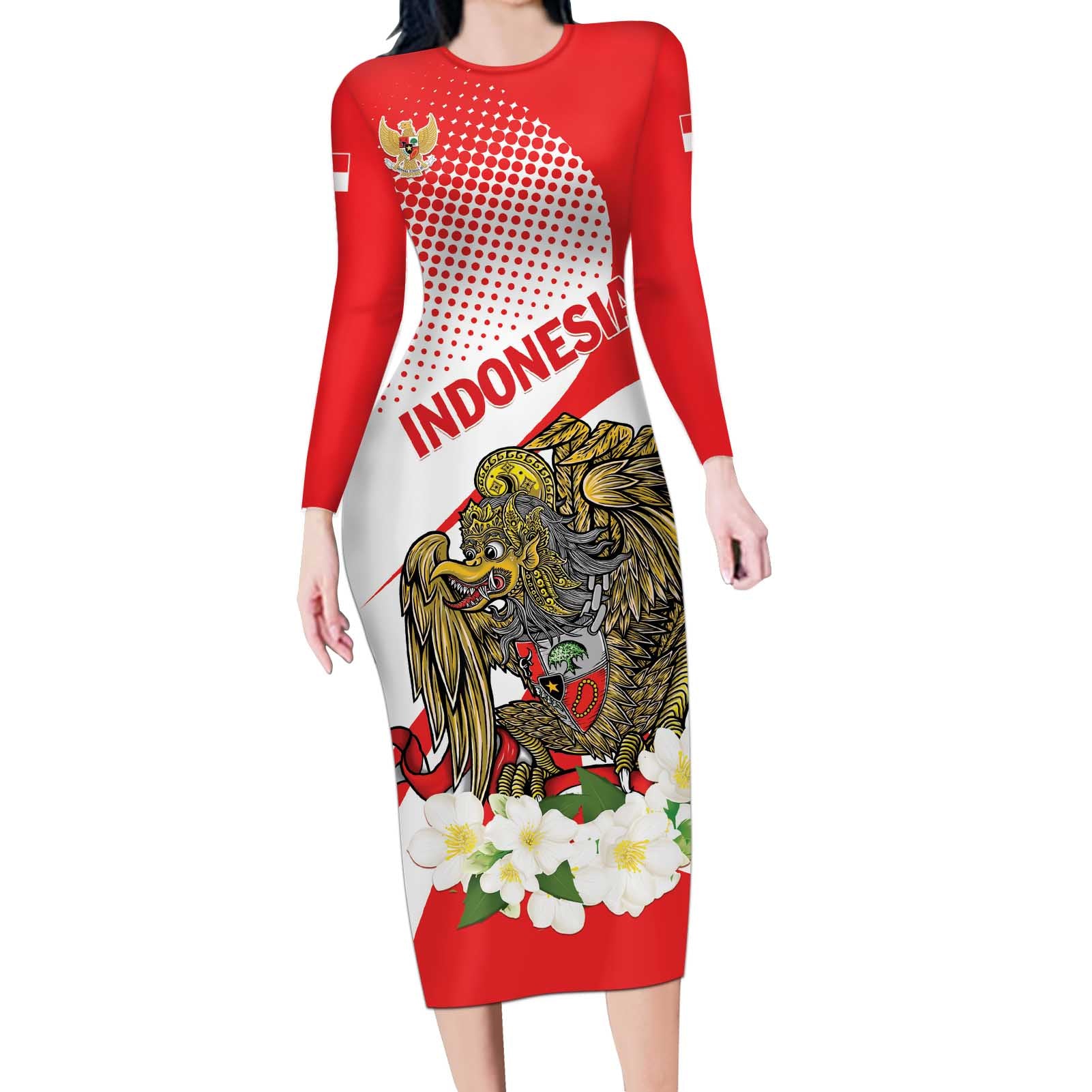 Indonesia Long Sleeve Bodycon Dress Javan Hawk Eagle Melati Flower - Wonder Print Shop