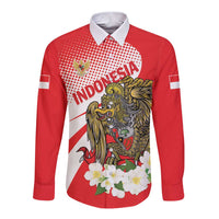 Red long-sleeve button shirt with front Indonesian emblem, white floral accents