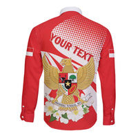 Red long-sleeve button shirt back with eagle crest, white flowers, 'YOUR TEXT'