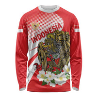 Red long-sleeve shirt with eagle graphic, white stripes, and flower accents