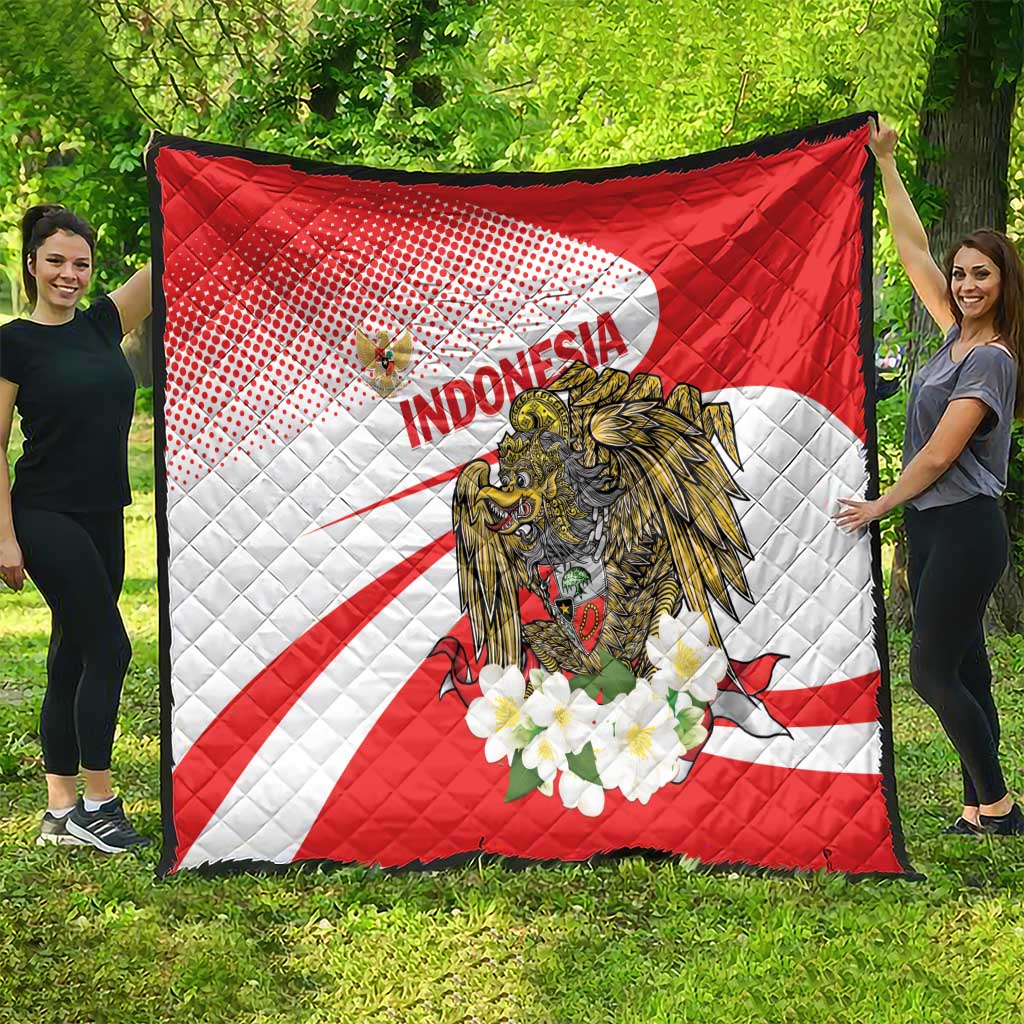 Red and white Indonesia quilt blanket with eagle motif and flowers, large spread design