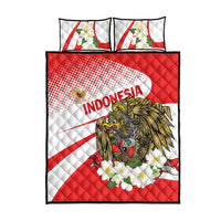 Red and white quilt set with lion-eagle emblem, flower detail, and 'INDONESIA' lettering