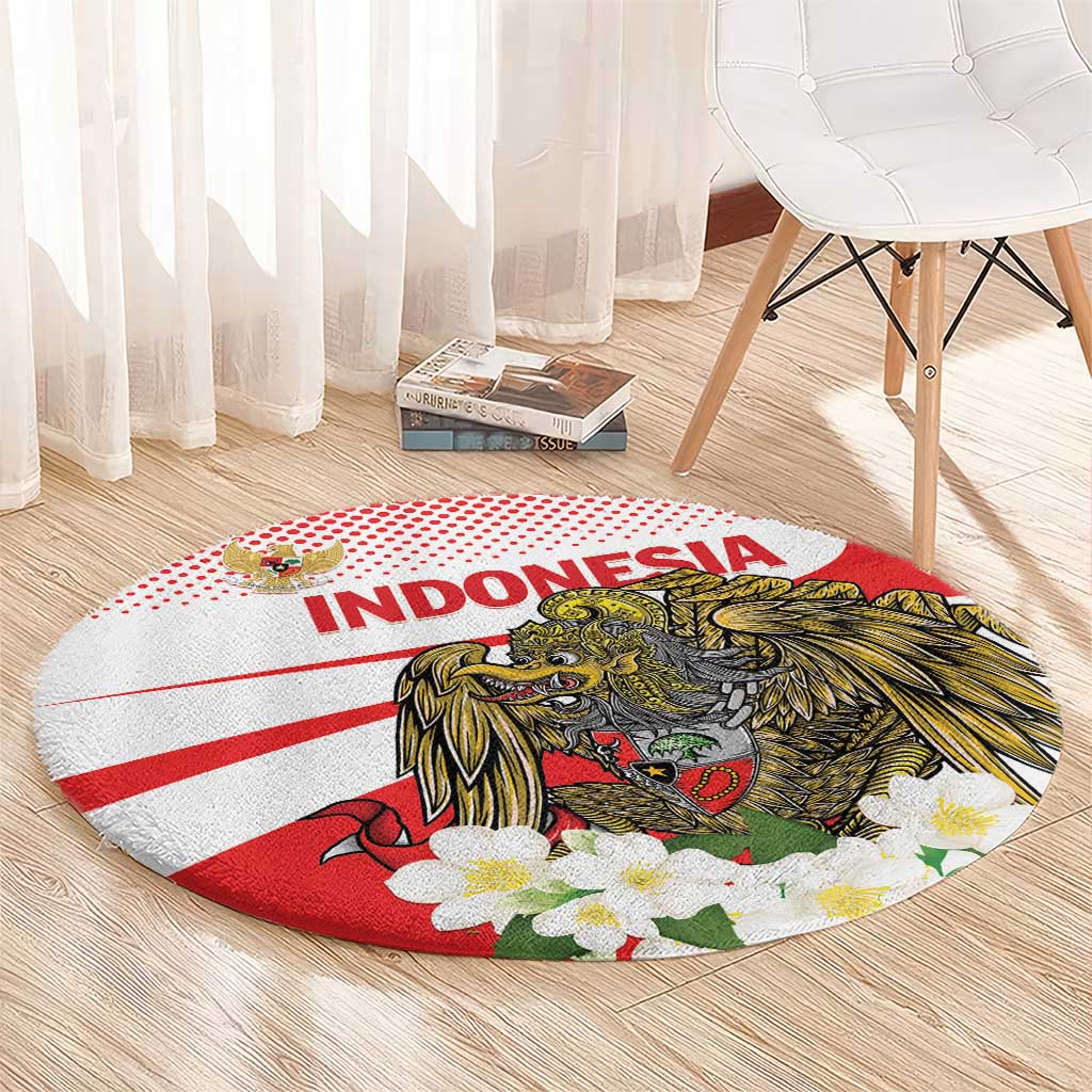 Red and white round Indonesia graphic carpet with eagle, heart motifs, and flowers