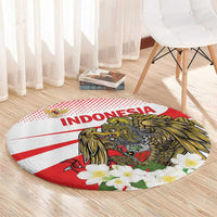 Red and white round Indonesia graphic carpet with eagle, heart motifs, and flowers