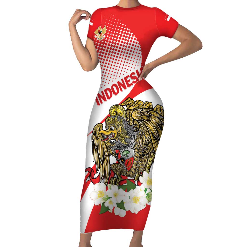 Indonesia Short Sleeve Bodycon Dress Javan Hawk Eagle Melati Flower - Wonder Print Shop