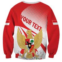 Red unisex sweatshirt with white back graphic showing eagle wings and “OUR TEXT”