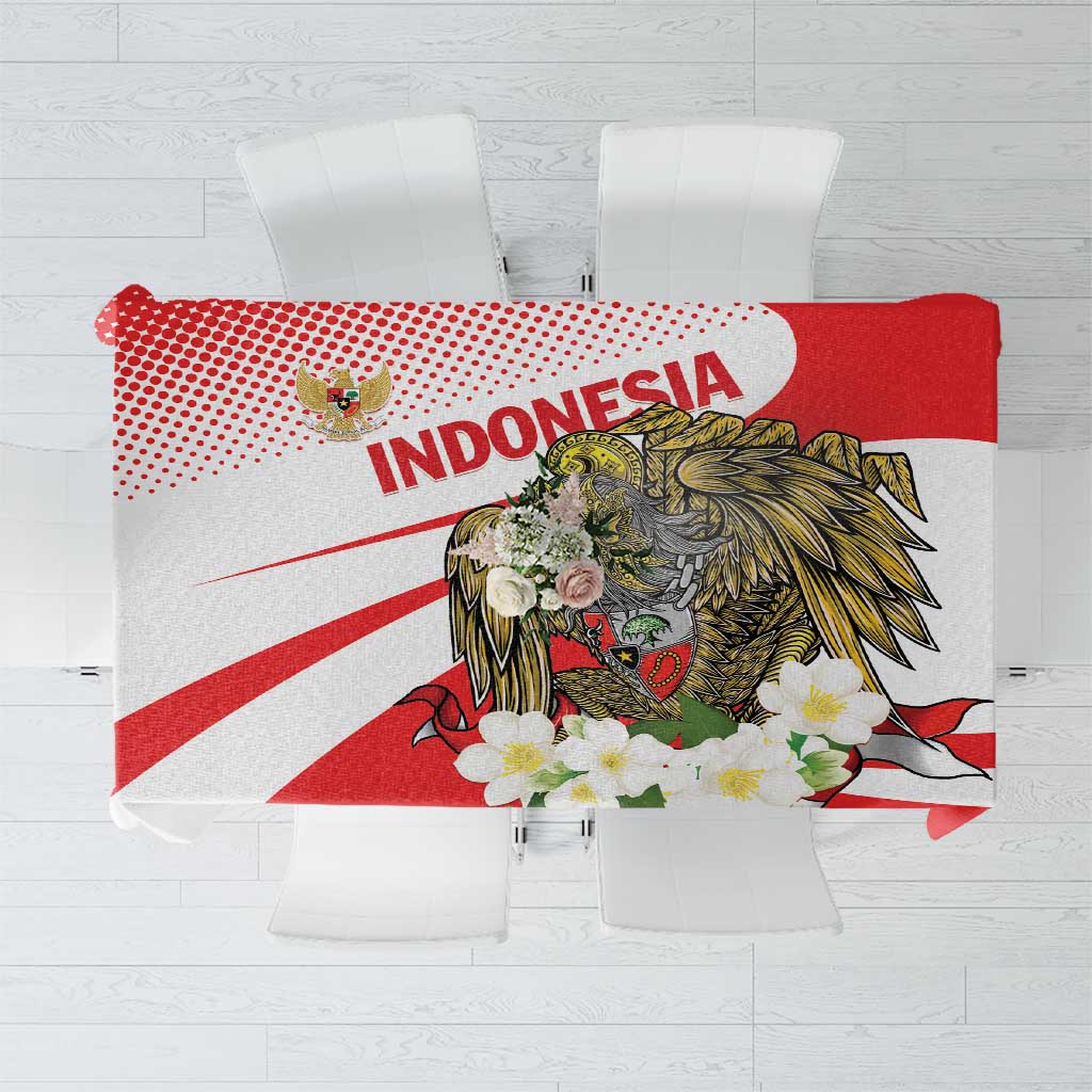 Red and white tablecloth with “INDONESIA” text and hawk eagle center graphic