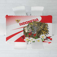 Red and white tablecloth with “INDONESIA” text and hawk eagle center graphic