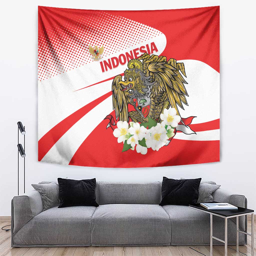 Red and white wall tapestry featuring gold eagle and white flower cluster with INDONESIA text