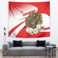 Red and white wall tapestry featuring gold eagle and white flower cluster with INDONESIA text