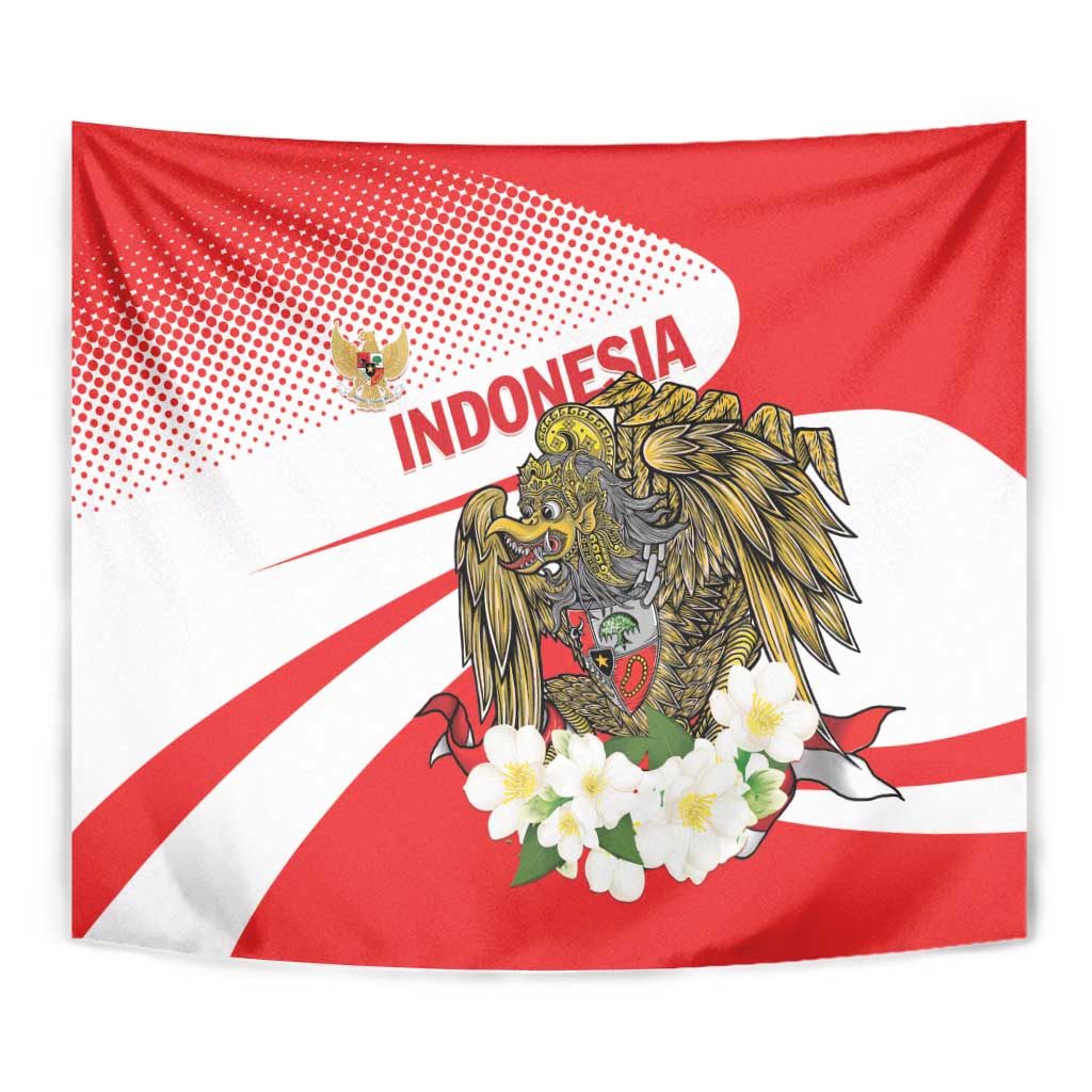 Close-up red wall tapestry with gold hawk eagle, white flowers, and INDONESIA lettering