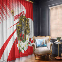 Red and white curtain with gold eagle artwork and clustered white flowers