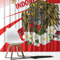 Red and white window curtain panels with gold eagle and white floral motifs