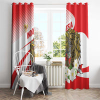 Red and white printed curtain panels with central gold eagle and flower accents