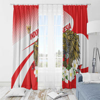 Red and white curtain panels with gold eagle crest and white floral accents
