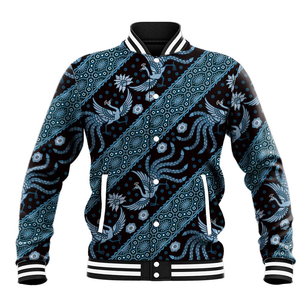 Blue batik-pattern baseball jacket with snap front, striped rib collar and cuffs.
