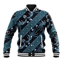 Blue batik-pattern baseball jacket with snap front, striped rib collar and cuffs.