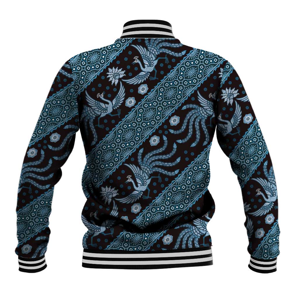Blue batik-pattern baseball jacket, striped ribbed hem and cuffs, back view.