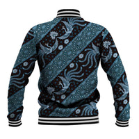 Blue batik-pattern baseball jacket, striped ribbed hem and cuffs, back view.