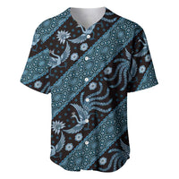Blue batik-pattern baseball jersey with button collar and bird motif