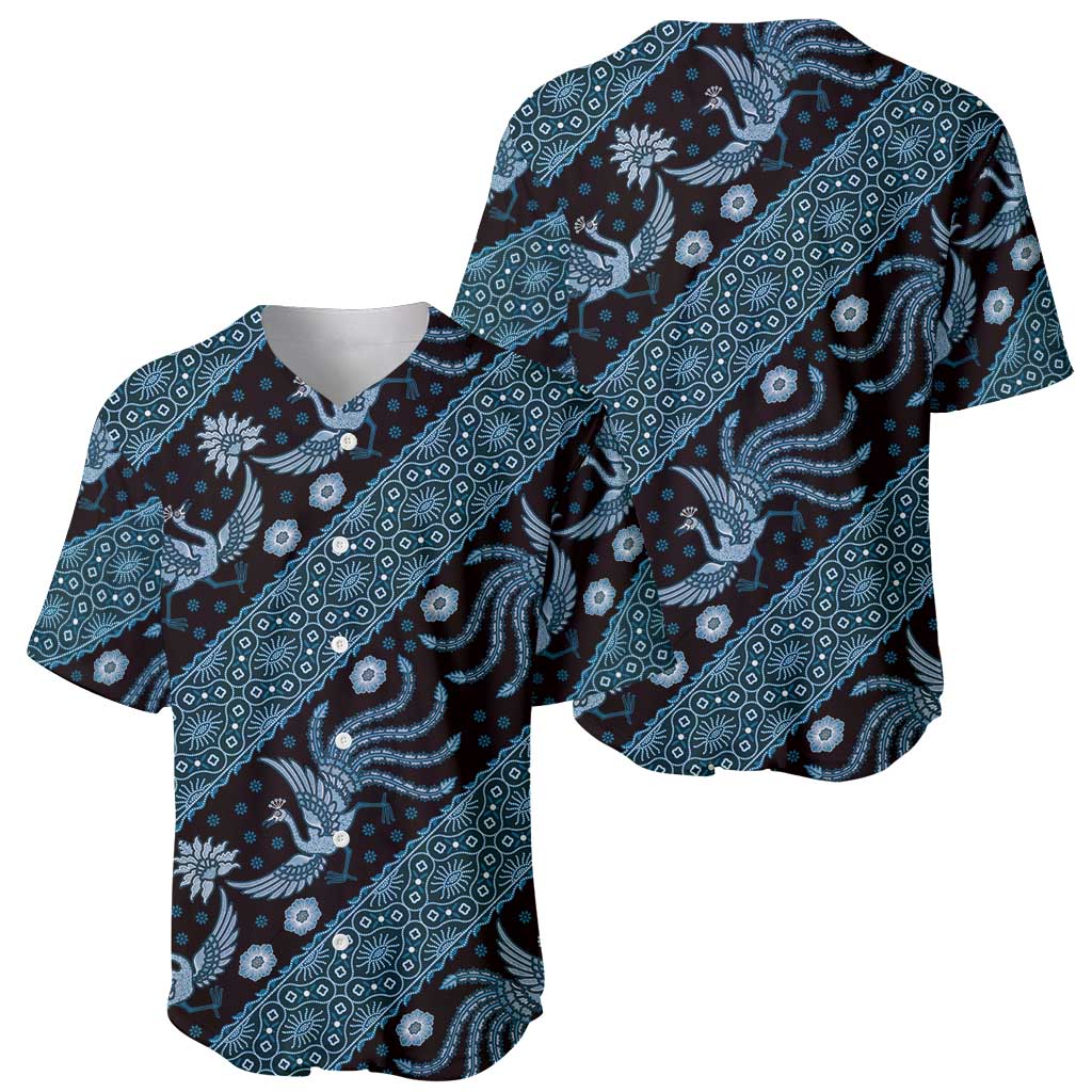 Blue batik-pattern baseball jersey shown front and side, bird and wave motifs