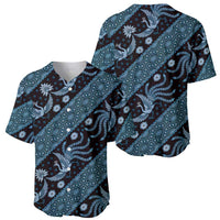 Blue batik-pattern baseball jersey shown front and side, bird and wave motifs