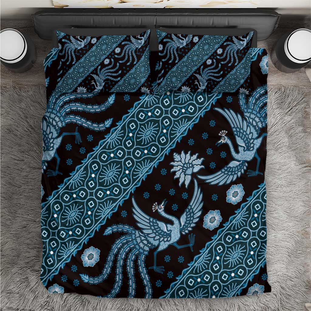 Blue batik-pattern duvet and pillowcases, floral and bird motif