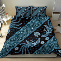 Blue batik-pattern duvet and pillowcases with bird and floral motifs