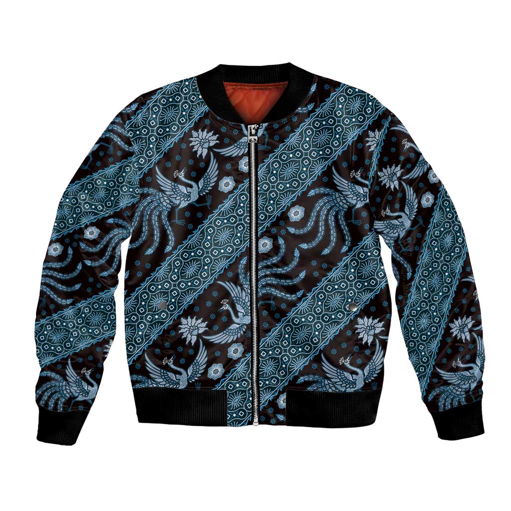 Unisex blue batik-pattern bomber jacket with center zip and ribbed black cuffs