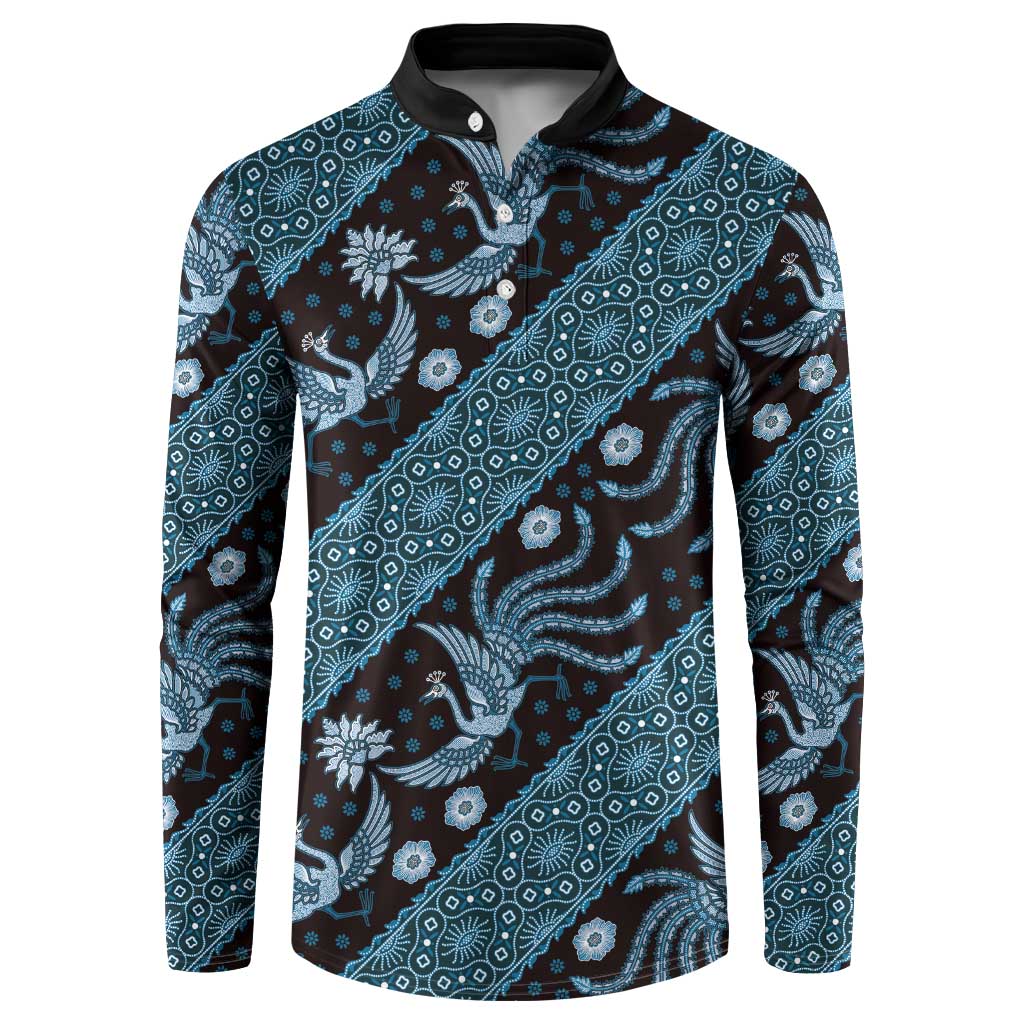 Batik button sweatshirt with polo collar, dark blue with teal ornate bird pattern