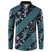 Batik button sweatshirt with polo collar, dark blue with teal ornate bird pattern