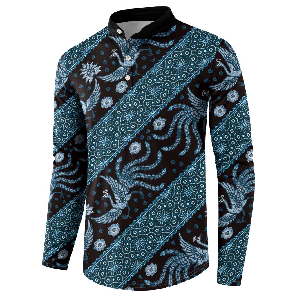 Batik-pattern button sweatshirt, long sleeves, dark blue with teal diagonal bird pattern