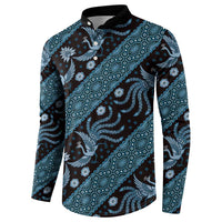 Batik-pattern button sweatshirt, long sleeves, dark blue with teal diagonal bird pattern