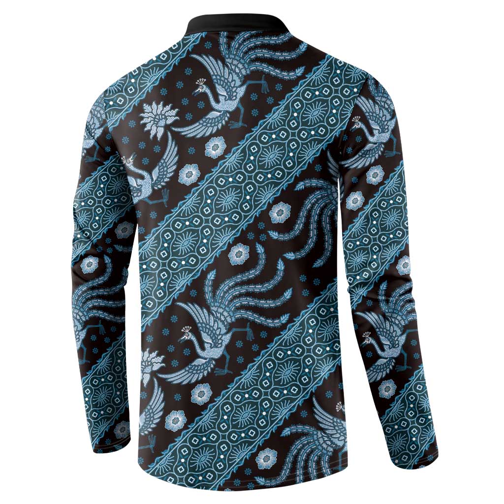 Batik button sweatshirt with polo collar, back view, dark blue with teal bird motif