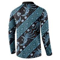 Batik button sweatshirt with polo collar, back view, dark blue with teal bird motif