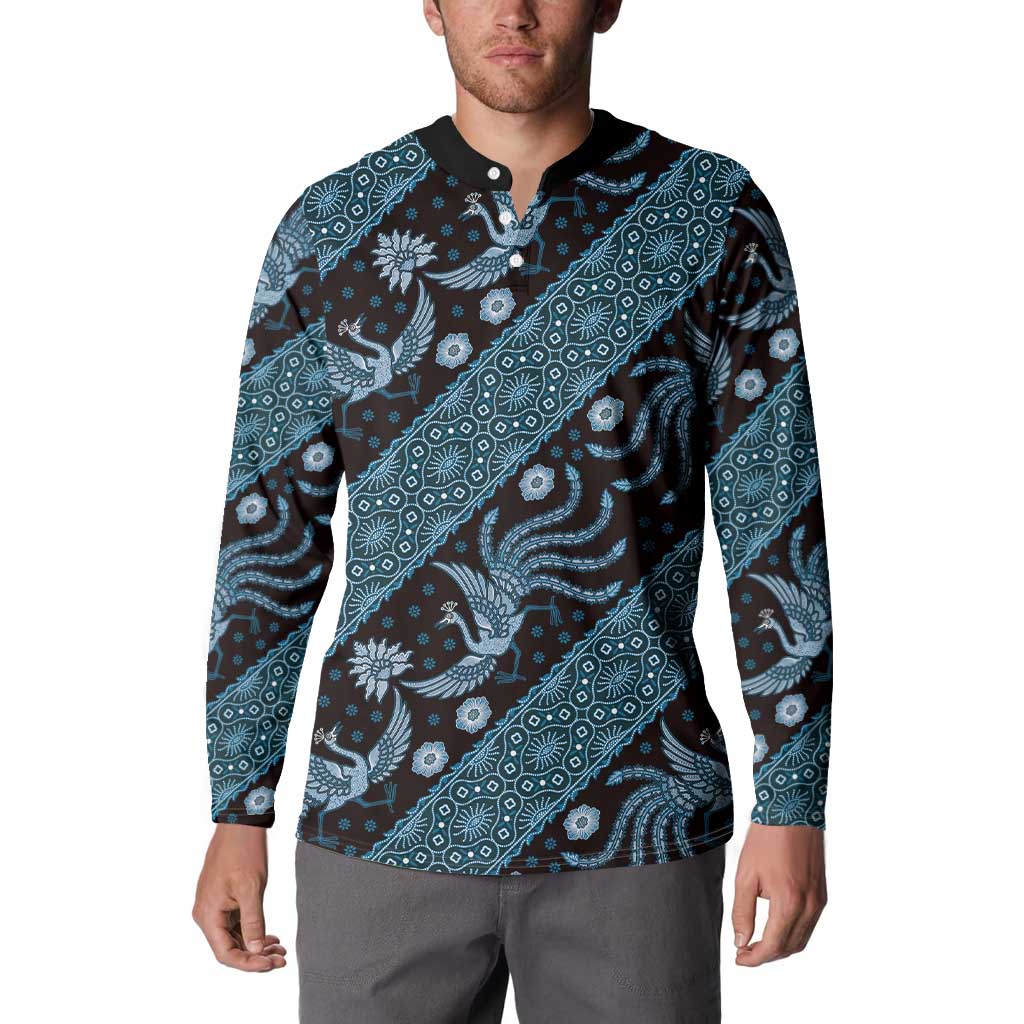 Batik-pattern button sweatshirt, long sleeves, dark blue with teal bird and floral prints