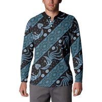 Batik-pattern button sweatshirt, long sleeves, dark blue with teal bird and floral prints