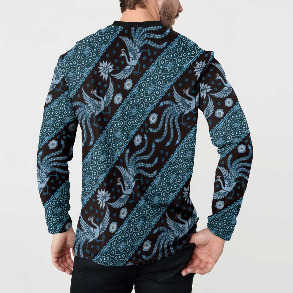 Batik-pattern button sweatshirt, back view, dark blue with teal geometric and bird prints