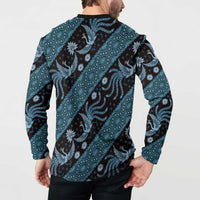 Batik-pattern button sweatshirt, back view, dark blue with teal geometric and bird prints