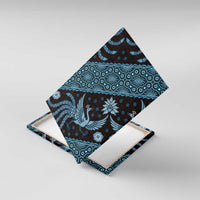 Blue batik canvas wall art with decorative bird and dot pattern, shown corner-on