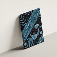 Blue batik canvas wall art angled on wall, showing bird and floral batik pattern