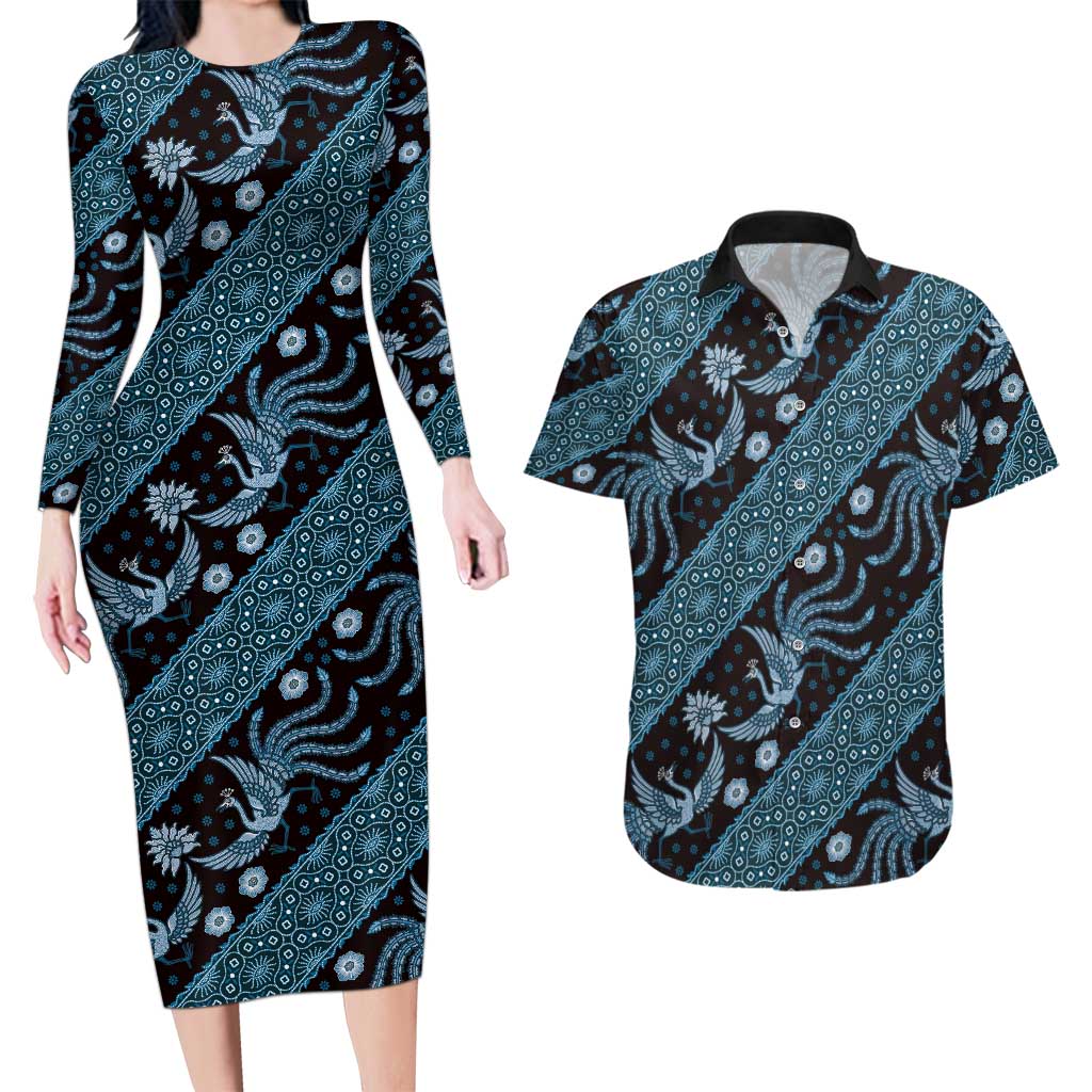 Indonesia Batik Pattern Couples Matching Long Sleeve Bodycon Dress and Hawaiian Shirt Blue Version - Wonder Print Shop