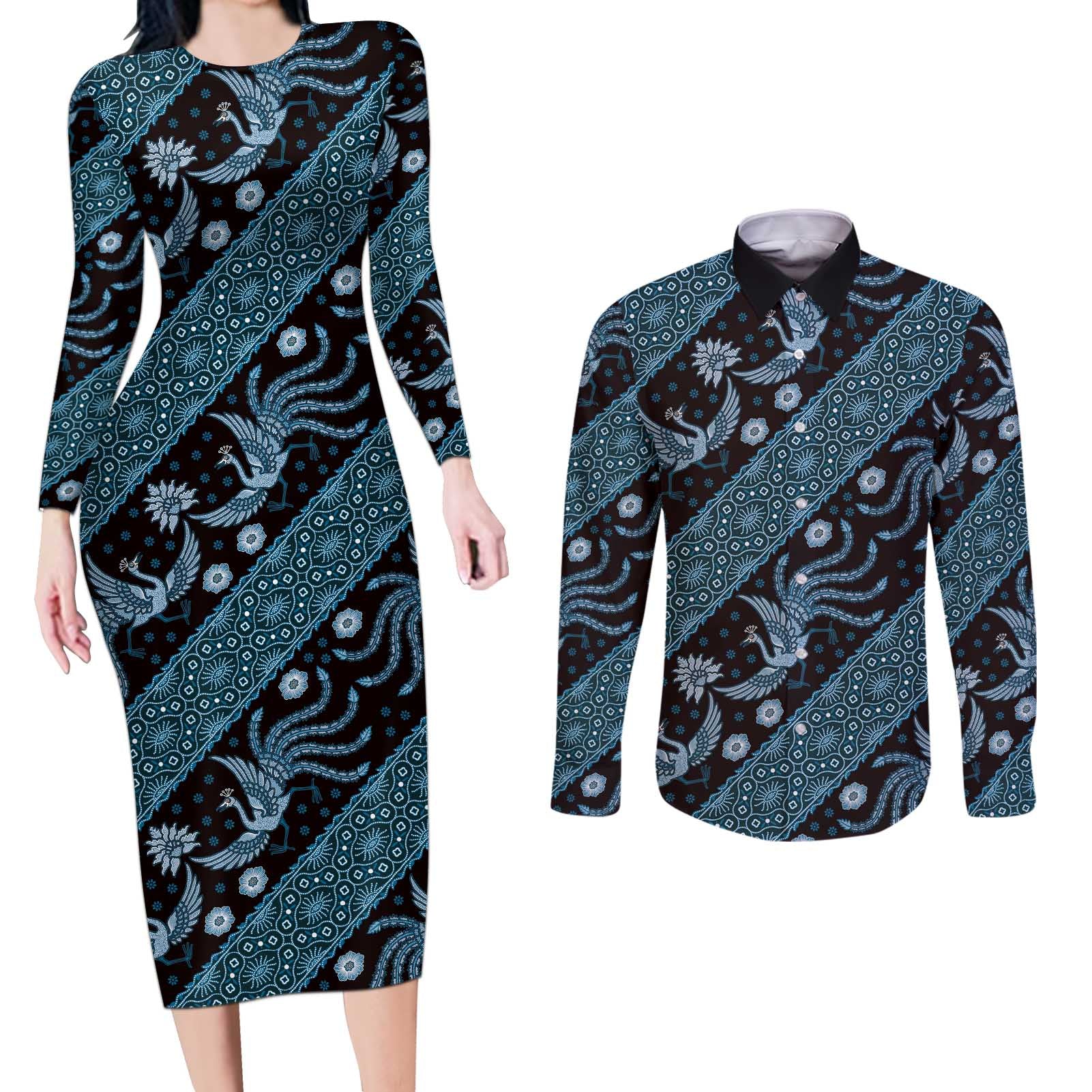 Indonesia Batik Pattern Couples Matching Long Sleeve Bodycon Dress and Long Sleeve Button Shirt Blue Version - Wonder Print Shop